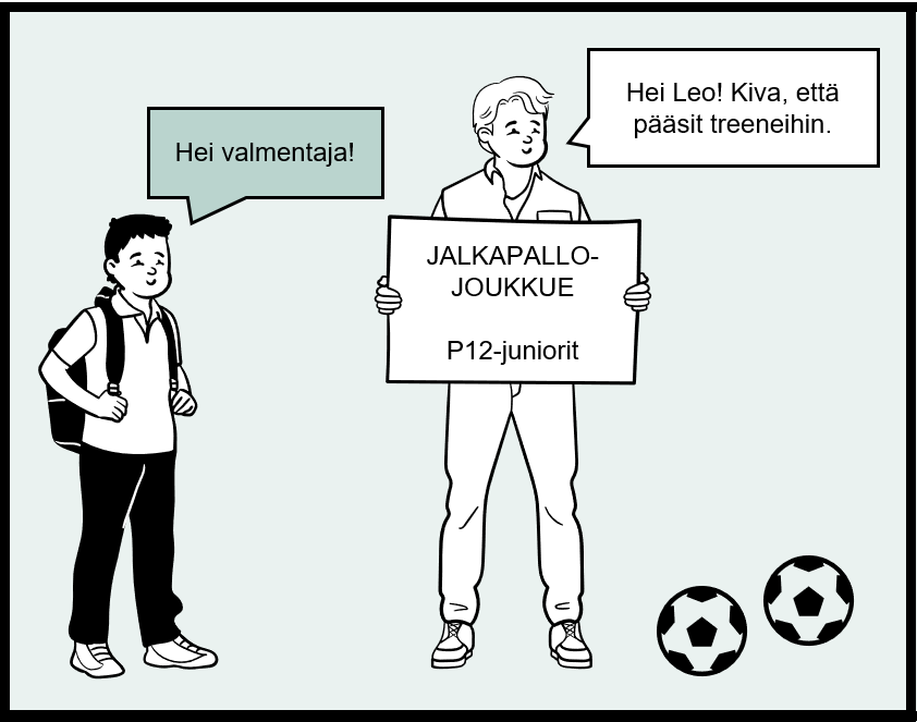 Sarjakuvan ensimmäinen ruutu, jossa lapsi ja jalkapallovalmentaja tervehtivät toisiaan.