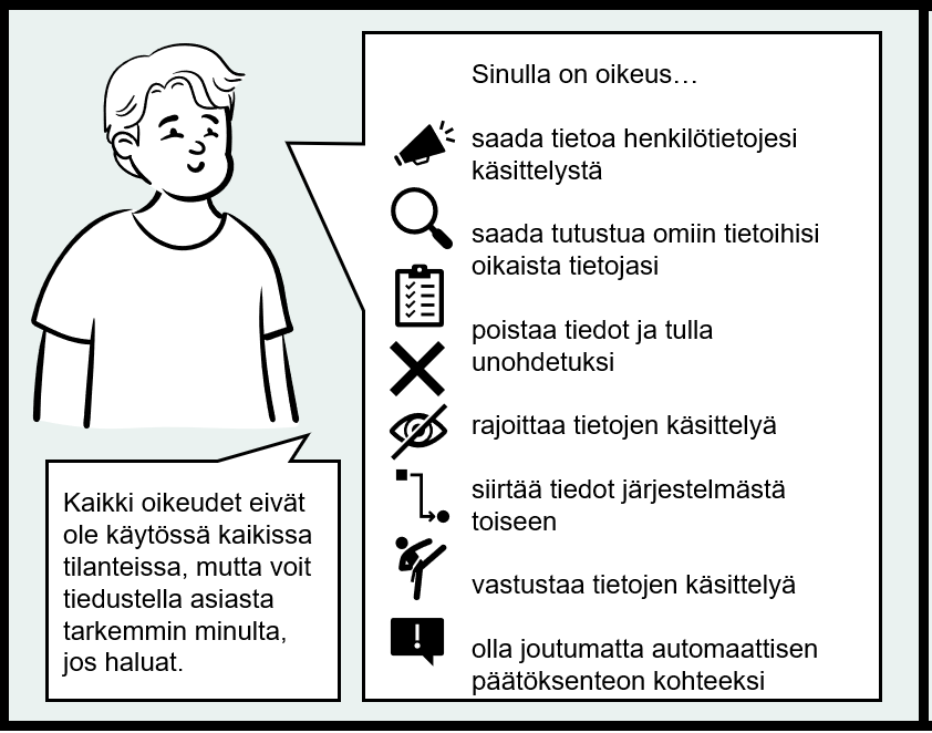 Sarjakuvan viides ruutu, jossa valmentaja kertoo lapselle henkilötietojen käsittelystä harrastuksessa. Valmentaja kertoo, mitä tietosuojaoikeuksia lapsella on, kuten oikeus saada tietoa henkilötietojen käsittelystä ja oikeus saada tutustua omiin tietoihin ja oikaista niitä.