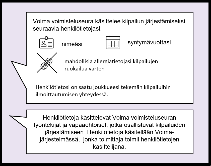 Sarjakuvan kolmas ruutu, jossa aikuinen henkilö listaa henkilötiedot, joita käsitellään. Nämä ovat nimi, syntymävuosi ja allergiatieto. Henkilötietoja käsitellään vapaaehtoisten toimesta Voima-järjestelmässä.