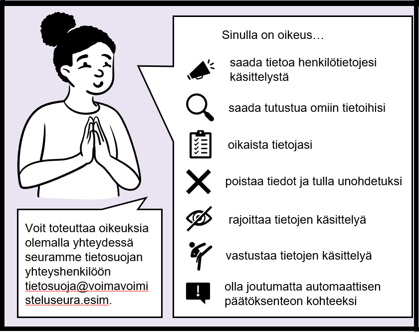 Sarjakuvan viides ruutu, jossa aikuinen henkilö listaa kilpailuihin osallistujan tietosuojaoikeudet. Näitä ovat muun muassa oikeus saada tietoa henkilötietojen käsittelystä ja oikeus saada tutustua omiin tietoihin.