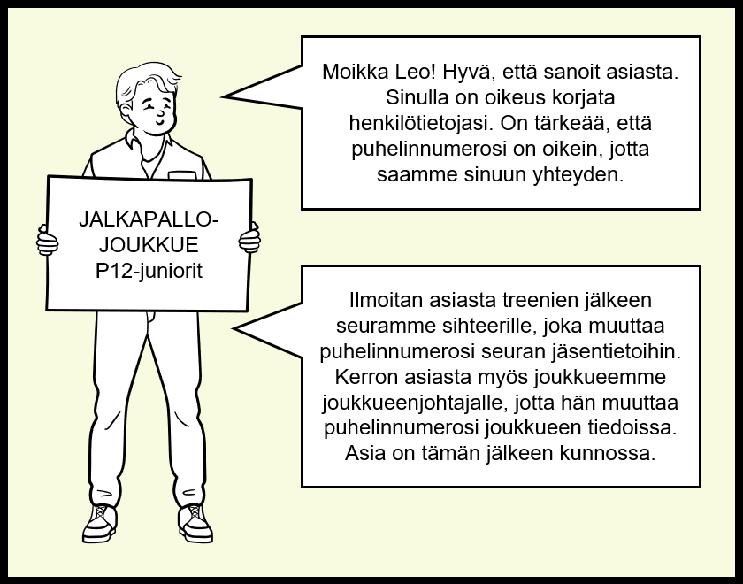 Sarjakuvan toinen ruutu, jossa valmentaja tervehtii lasta ja toteaa, että lapsella on oikeus korjata henkilötietojaan. Valmentaja kertoo päivittävänsä uuden puhelinnumeron olemalla yhteydessä sihteeriin ja joukkueenjohtajaan.