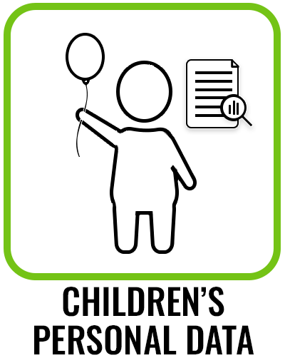 The icon features a child holding a balloon. On the right-hand side of the child, there is a rectangle representing information and a magnifying glass. The icon is surrounded by a light green frame. The icon can be used to show that the personal data being processed or instructions that relate to processing of data concern children.