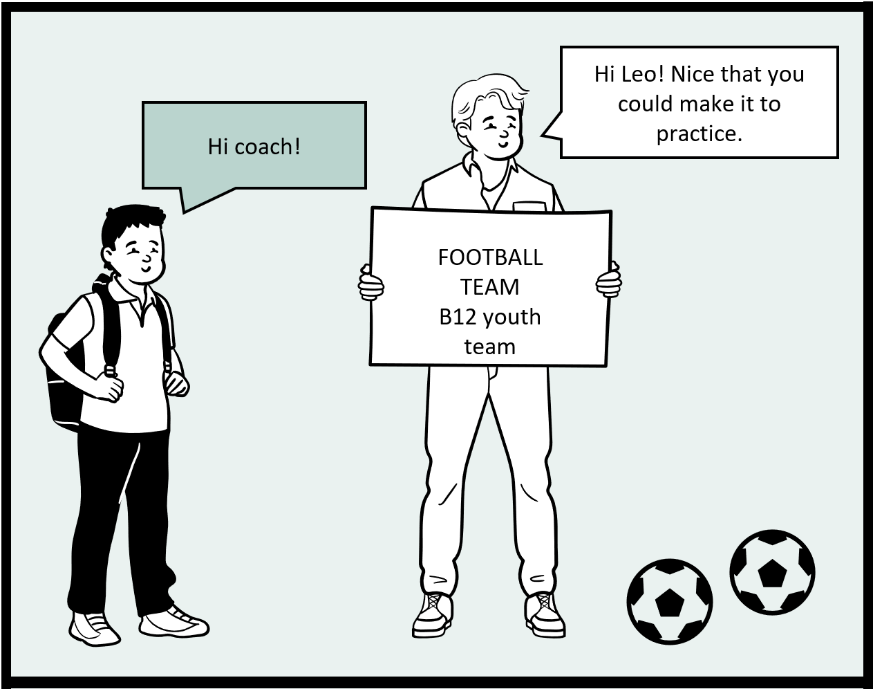 The first frame of the comic. A child and the child’s football coach greet each other.