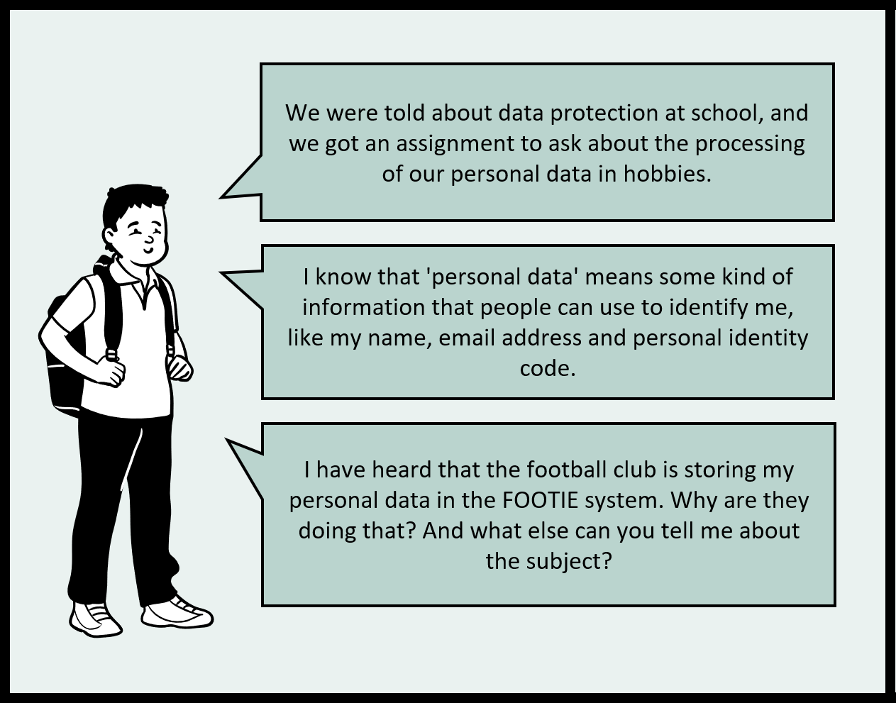 The second frame of the comic. The child asks their coach about the processing of personal data in the hobby.