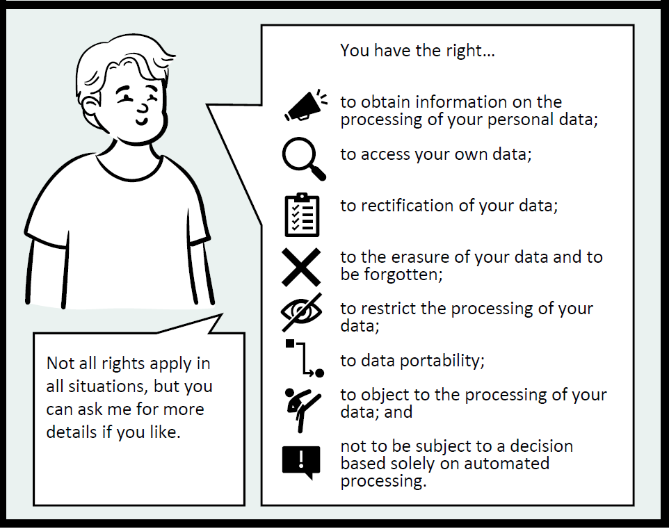 The fifth frame of the comic. The coach tells the child about the processing of personal data in the hobby. The coach explains what data protection rights the child has, such as the right to be informed about the processing of personal data and the right to access and rectify their own data.