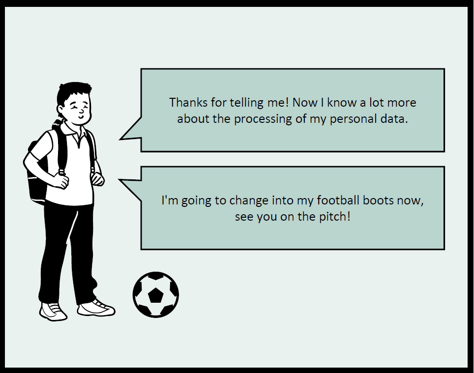 The sixth and final frame of the comic. The child thanks the coach for the additional information they provided regarding the data protection in the hobby.