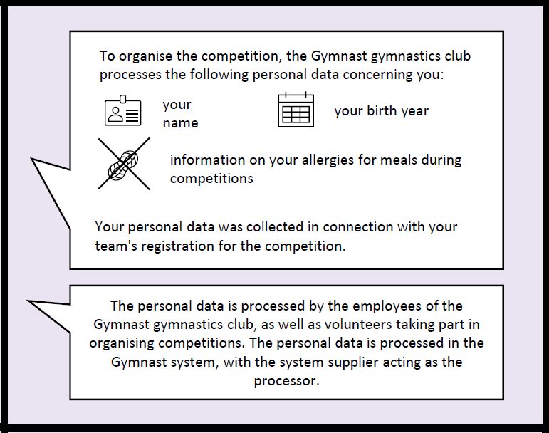 EN: The third frame of the comic. The adult lists the personal data being processed. These include name, year of birth and allergies. Personal data is processed in the Gymnast-system by volunteers.