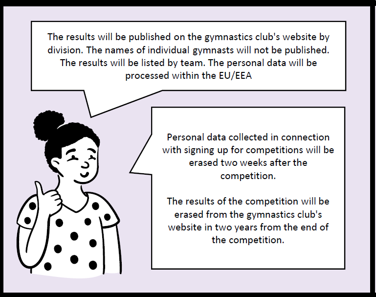 The fourth frame of the comic. An adult explains that the results of the competition will be published on the website by league. The names of the team members will not be published. Personal data will be processed within the EU/EEA-area. The personal data will be deleted two weeks after the competitions and results two years after the competitions.