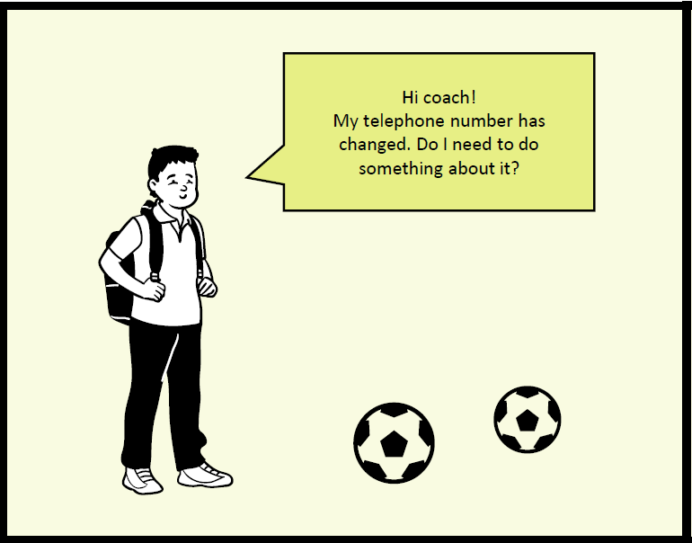 The first frame of the comic. A child greets their coach and says that their phone number has changed.