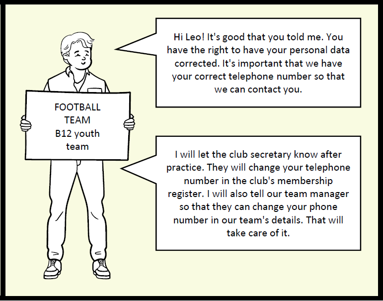 The second frame of the comic. The coach greets the child and states that the child has the right to correct their personal data. The coach says that they will update the phone number by contacting the secretary and the team manager.