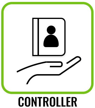 The icon features an open palm holding a rectangle, which represents personal data, with a symbol depicting a person in the centre. The icon is surrounded by a light green frame. This icon can be used to express that the situation involves the controller's obligations related to the processing of personal data.