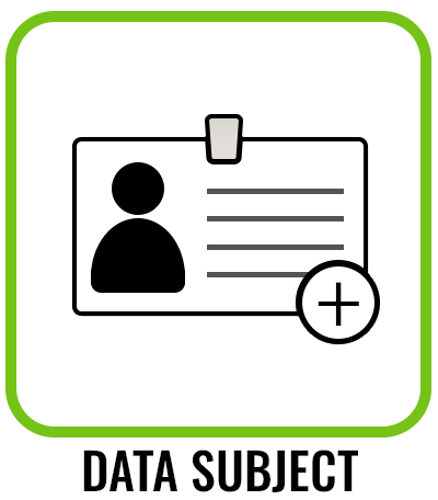 The icon features a rectangle representing personal data, with a plus sign in the bottom right corner. The icon is surrounded by a light green frame. The icon can be used to indicate that the instructions concern the processing of personal data concerning the data subject.