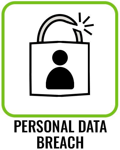 The icon features a closed padlock with a symbol depicting a person in the middle. The shackle of the padlock is broken. The icon is surrounded by a light green frame. This icon can be used to express that the situation involves a personal data breach.