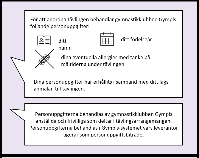 Den tredje rutan i serien där en vuxen person berättar vilka personuppgifter som behandlas. Dessa är namn, födelseår och allergiuppgift. Personuppgifterna behandlas av frivilliga i Gympis-systemet.